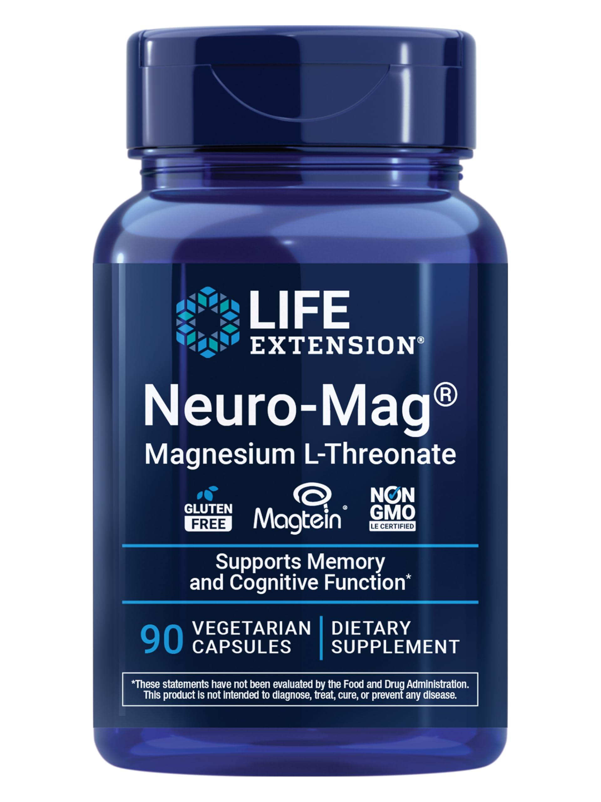 Blue supplement bottle labeled 'Neuro-Mag' by Life Extension on a white background