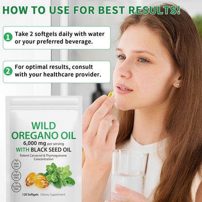 Tooffi Oil of Oregano Softgels,Oregano Oil Capsules Organic,2-in-1 6000mg Oil of Oregano with Black Seed Oil 200mg,Oregano Oil
