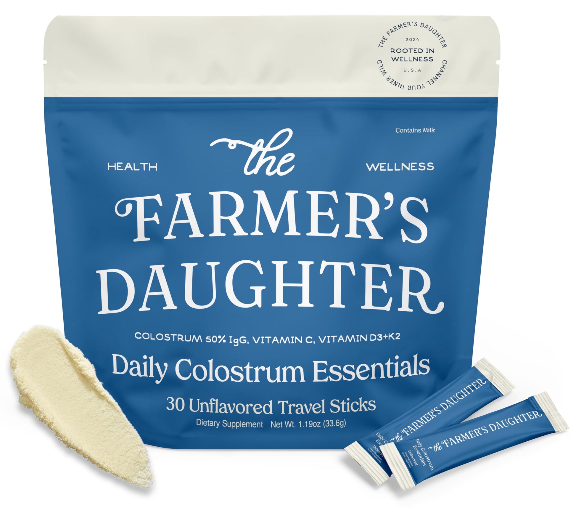 The Farmer's Daughter Daily Colostrum Essentials packaging with two travel sticks on a white background