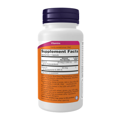 NOW Supplements, Vitamin D-3 & K-2, 1,000 IU/45 mcg,Plus Cardiovascular Support*, Supports Bone Health*, 120 veg Capsules NOW Foods buy supplements Au