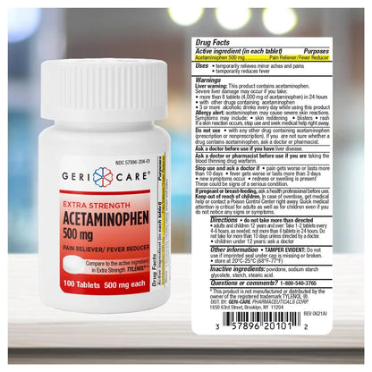 GeriCare Extra Strength Acetaminophen Pain Relief Fever Reducer Tablets, Strength 500mg Tablet | Joint, Muscle, Arthritis, Back Pain, Body Pain Relief, 100 Count (Pack of 2) GeriCareBuy Supplements Australia