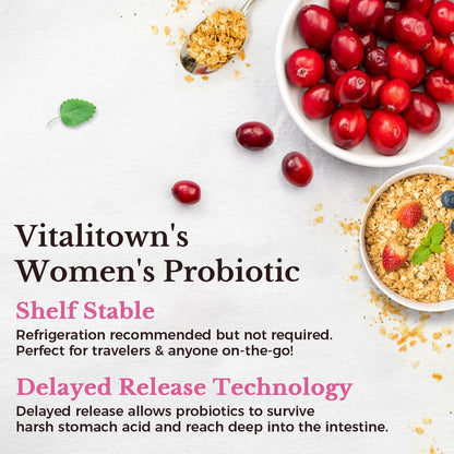 Vitalitown Probiotics for Women 120 Billion CFUs, 30 Strains, with Prebiotics & Digestive Enzymes & Cranberry, Gut & Vaginal Health, Vegan 30
