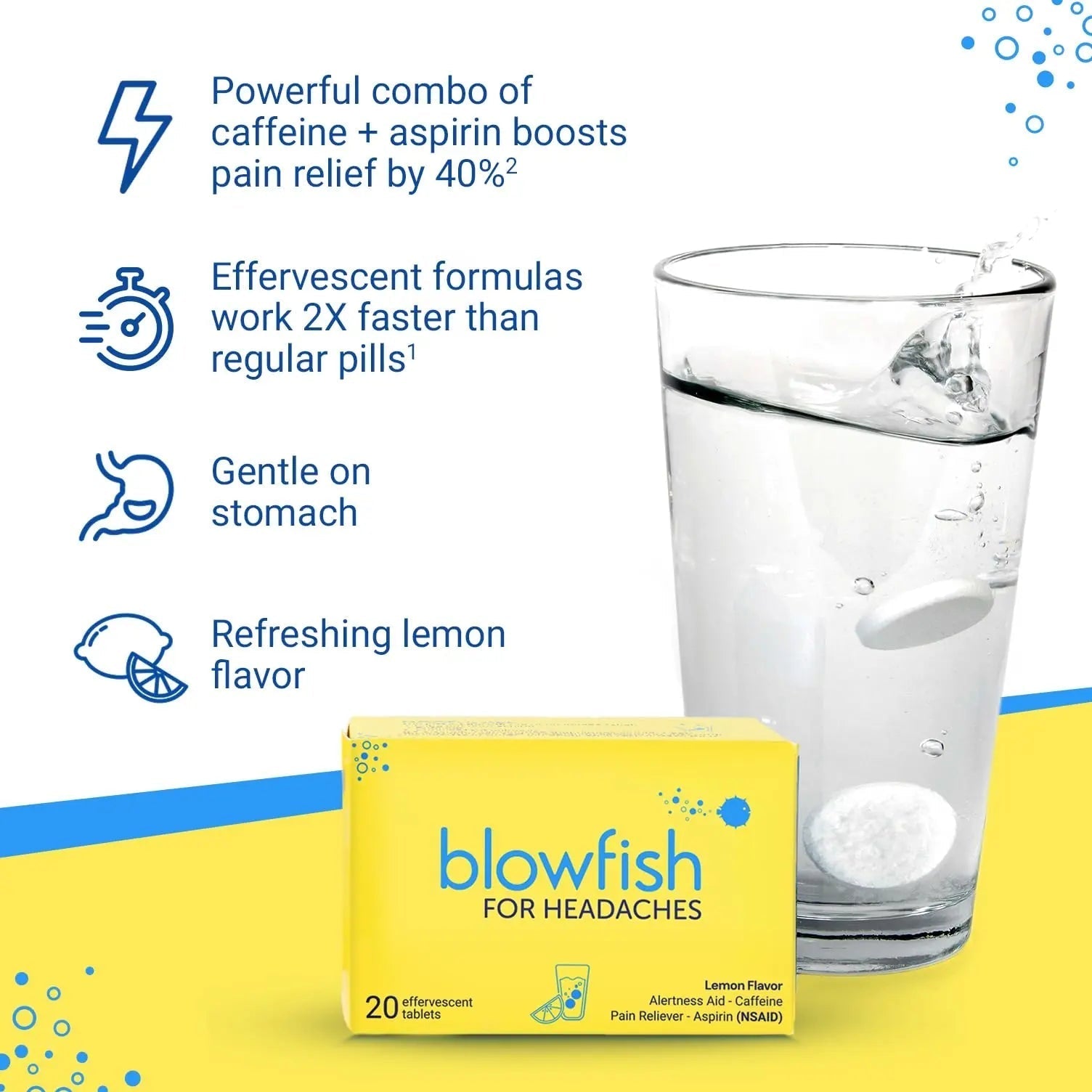 Blowfish for Headaches | Maximum Strength Effervescent Pain Relief Tablets – Treats Headaches Fast, 2X Faster Than Pills – Lemon Flavor (2 Pack) BlowfishBuy Supplements Australia