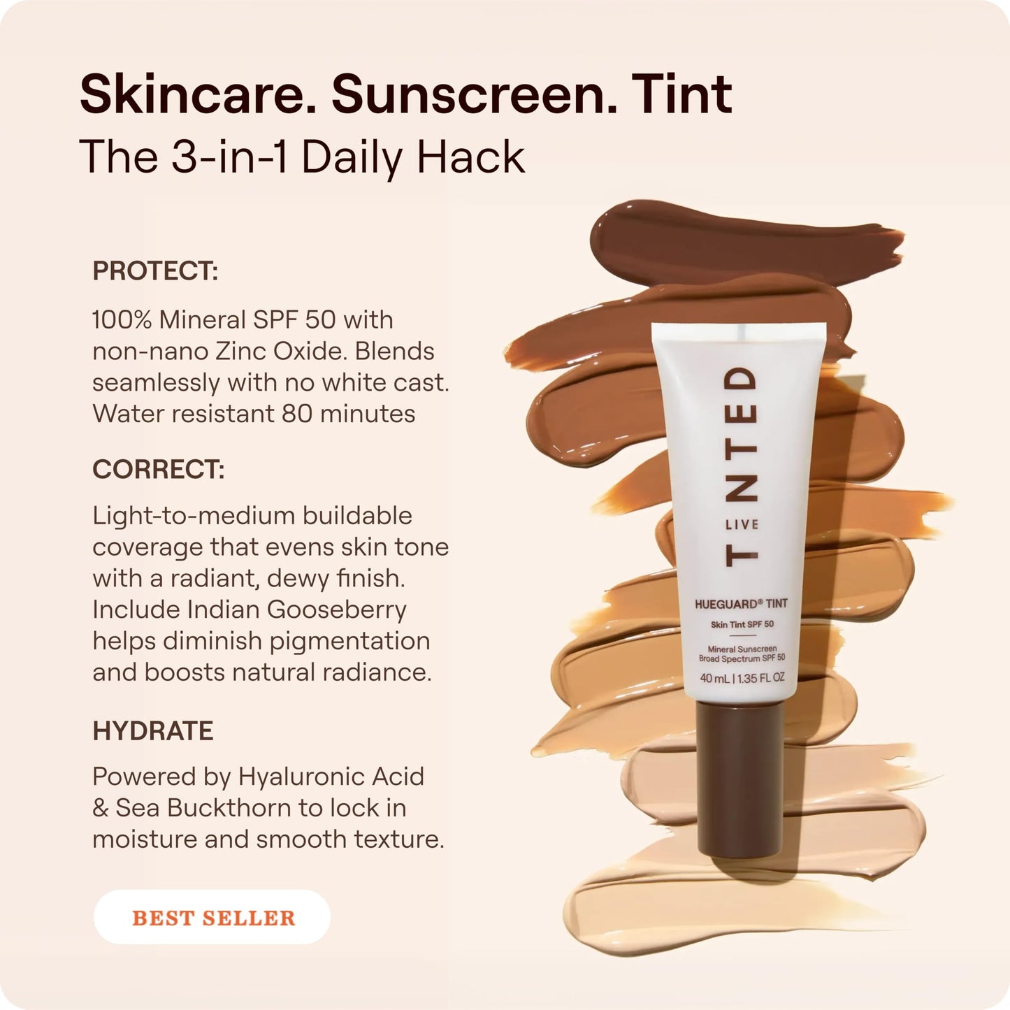 Live Tinted Hueguard Skin Tint SPF 50 - Tinted Mineral Sunscreen with Light-Medium Buildable Coverage With a Hydrating and Radiant Finish - Water and Sweat Resistant, 1.35 fl oz - Shade 10 Live TintedBuy Supplements Australia