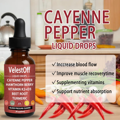Velestoff Cayenne Pepper & Cayenne Pepper Drops Liquid Supplement with Hawthorn, Beet Root, Turmeric, Vitamin K2 D3 NutralisBuy Supplements Australia