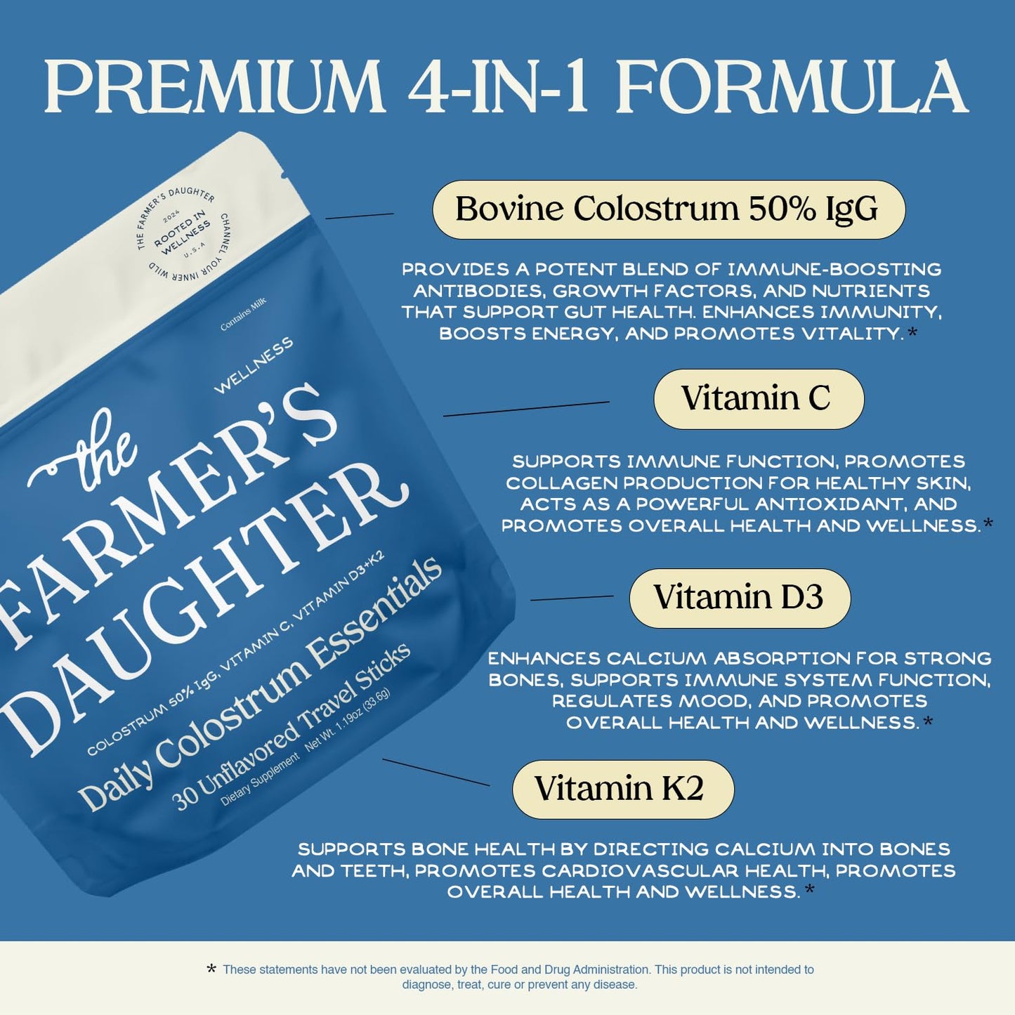 THE FARMER'S DAUGHTER Colostrum Powder | Unflavored | Gut Health & Bloating | Hair, Skin & Nails | Immunity Supplement | 30 Individual Travel Stick Packs THE FARMER'S DAUGHTER buy supplements Au