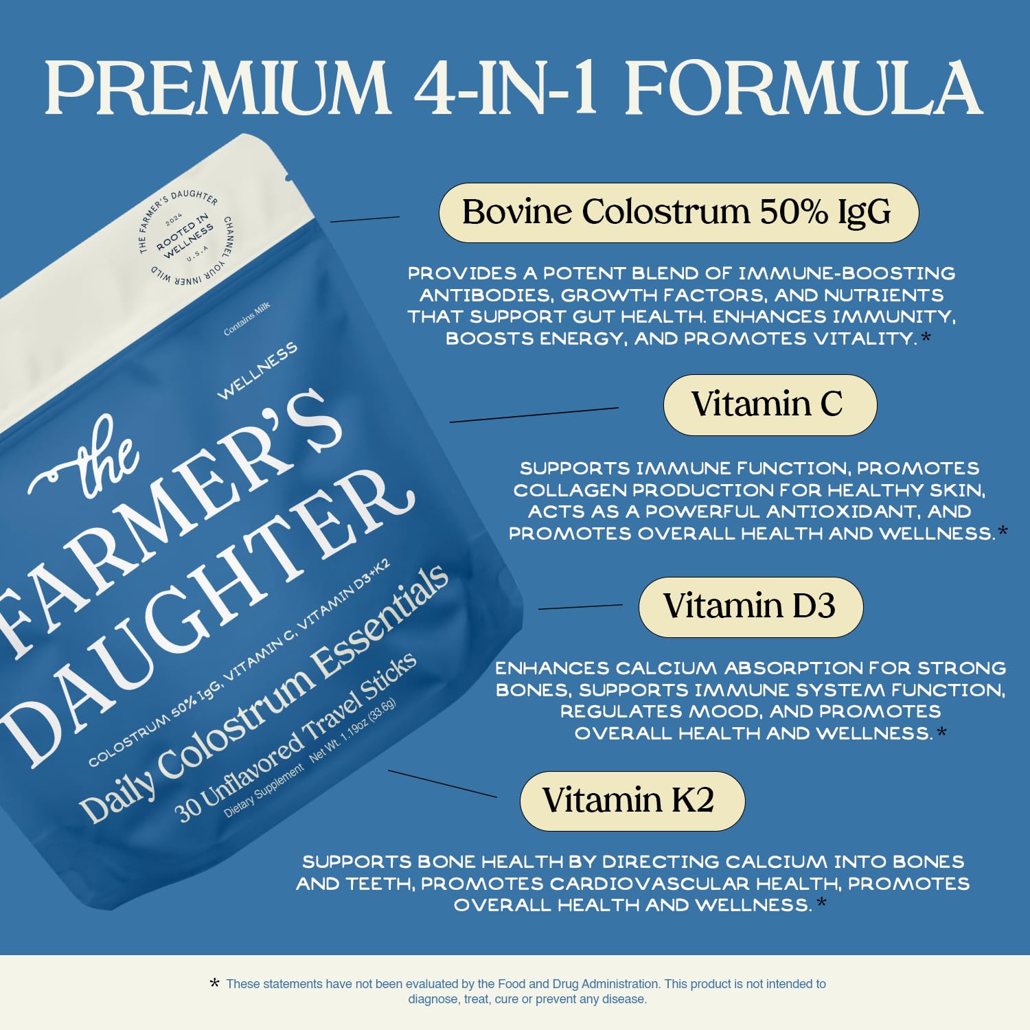 THE FARMER'S DAUGHTER Colostrum Powder | Unflavored | Gut Health & Bloating | Hair, Skin & Nails | Immunity Supplement | 30 Individual Travel Stick Packs THE FARMER'S DAUGHTER buy supplements Au