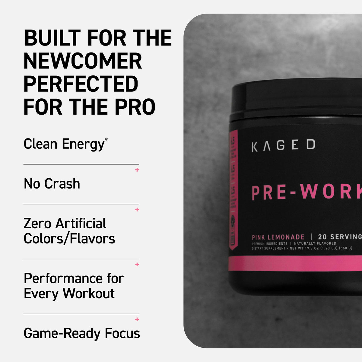 Kaged Sport Pre Workout Powder for Men & Women, Pink Lemonade, Sport Certified, 188mg Caffeine, Nitric Oxide, Beta Alanine, 20 Servings