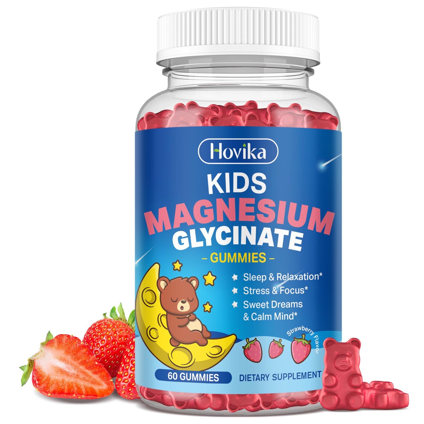 Magnesium Glycinate Gummies for Kids - with L-Theanine, Omega-3, Vitamin B6, D3, Zinc - Kids Magnesium Gummies for Sleep, Relaxation, Calm & Focus - Sugar Free Strawberry 60ct HovikaBuy Supplements Australia