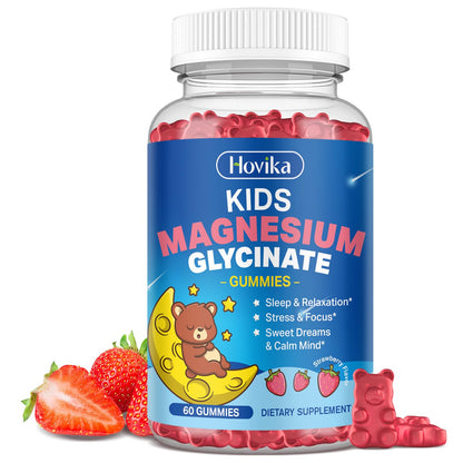 Magnesium Glycinate Gummies for Kids - with L-Theanine, Omega-3, Vitamin B6, D3, Zinc - Kids Magnesium Gummies for Sleep, Relaxation, Calm & Focus - Sugar Free Strawberry 60ct HovikaBuy Supplements Australia