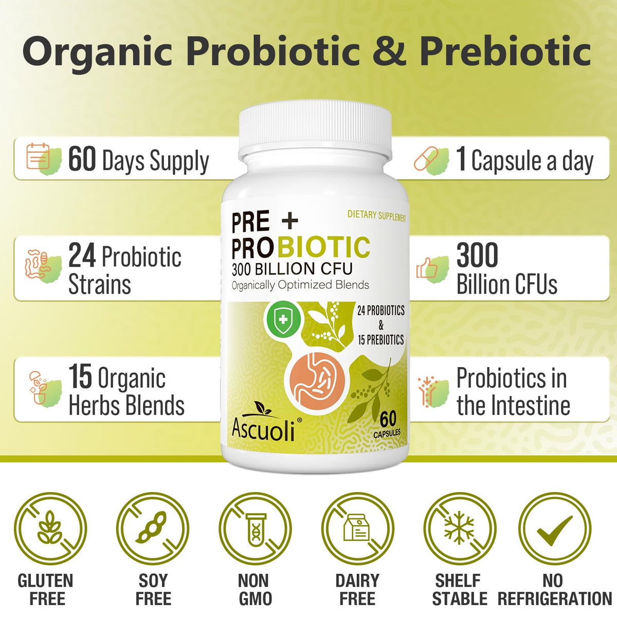 Probiotics for Women & Men - 300 Billion CFU, 24 Strains + 15 Organic Herbs Prebiotics Blend, Daily Probiotic for Digestive Health, Immune, Gut, Bloating