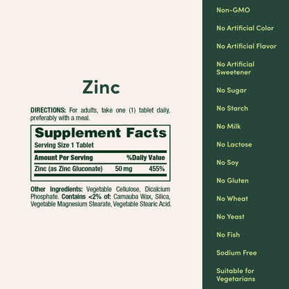 Nature’s Bounty Zinc 50mg, Immune Support & Antioxidant Supplement, Promotes Skin Health, 1 Caplet Per Day, Gluten Free, 250 Vegetarian Caplets