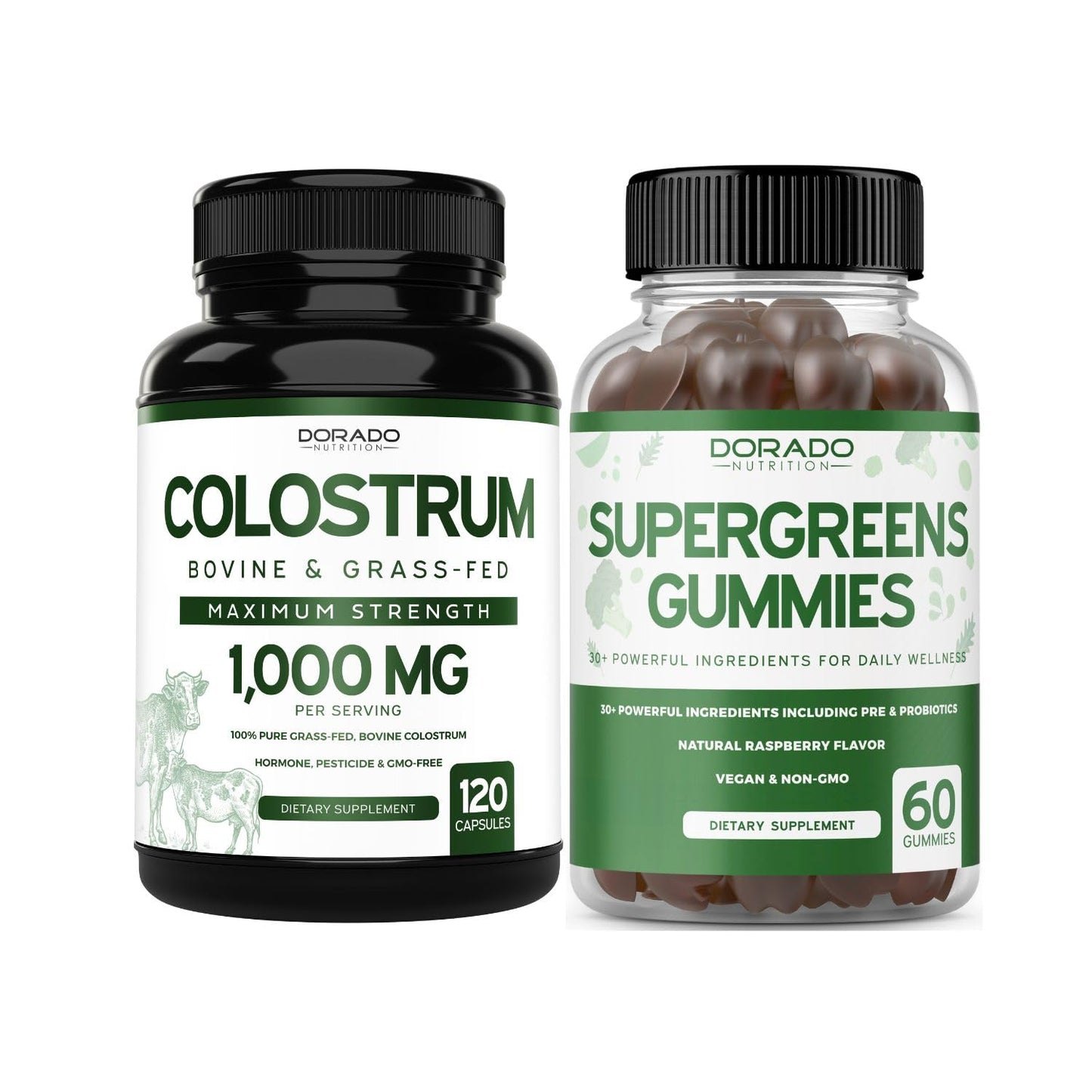 Two supplement bottles labeled 'Colostrum' and 'Supergreens Gummies' on a white background.