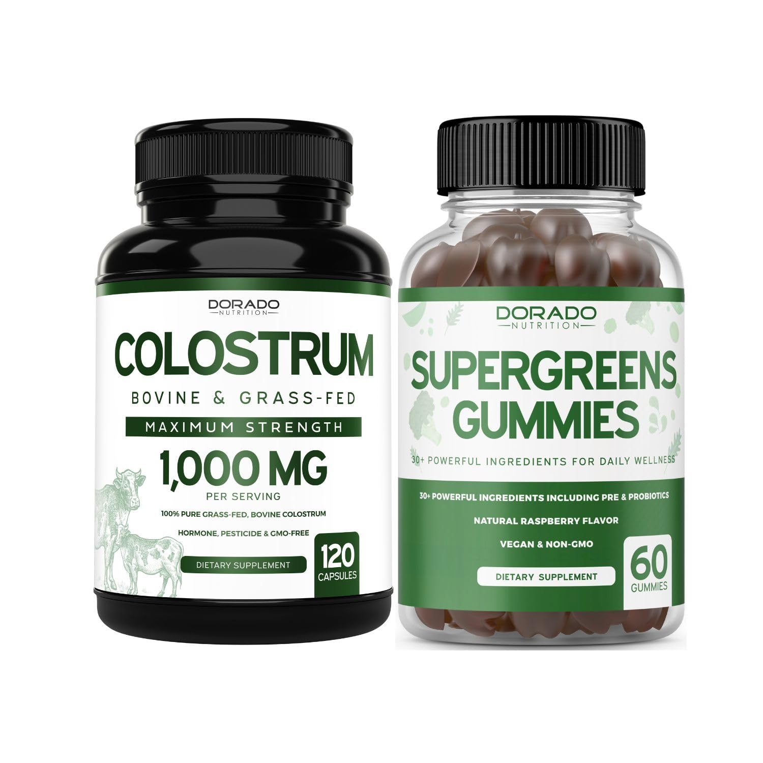 Two supplement bottles labeled 'Colostrum' and 'Supergreens Gummies' on a white background.