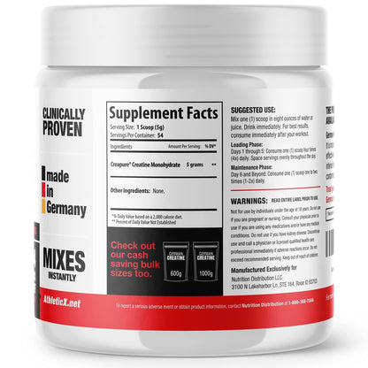 German Creatine - Micronized Creatine Monohydrate Powder, 99.99% Pure Creapure for Muscle Growth, Strength & Performance, Supports Muscle Recovery, 3rd Party Tested