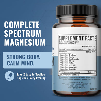 10-in-1 Magnesium Supplement 500 mg | High Absorption Magnesium Complex with Mag Glycinate, Citrate, Vitamin B6 Magnesium for Sleep, Muscle, Bone & Heart Health, Vegan & Gluten-Free, 45 Day Supply Total Nutra buy supplements Au