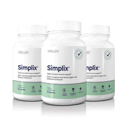 Three bottles of Simplix supplements from Wellex on a white background