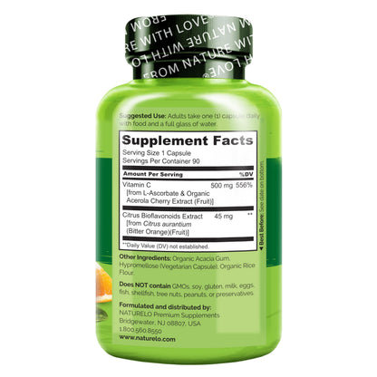 NATURELO Vitamin C with Organic Acerola Cherry Extract and Citrus Bioflavonoids - Vegan Supplement - Immune Support - 500 mg VIT C per Cap