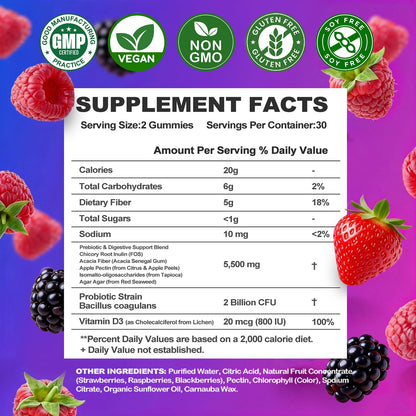 Prebiotic Fiber Gummies, 5g Fiber per Serving, 2 Billion CFU Bacillus Coagulans + Vitamin D3, Sugar Free Pectin Mixed Berry Gummies, Inulin (FOS) + Acacia