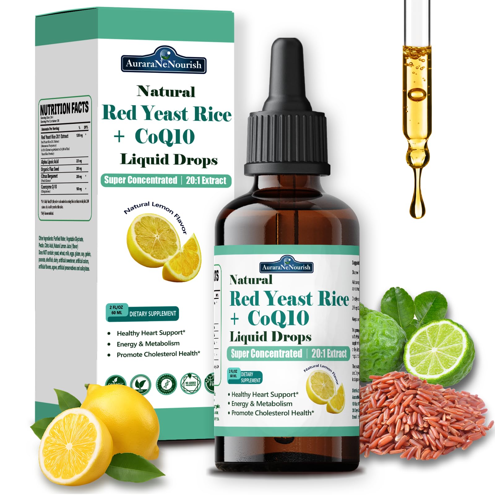 Liposomal Red Yeast Rice with Coq10 Liquid Drops, 5-in-1 Extra Strength 1200mg Cholesterol & Heart Support w. Citrus Bergamot Alpha Lipoic Acid | Cholesterol Lowering Supplement | GMO & Citrinin Free AuraraNeNourishBuy Supplements Australia
