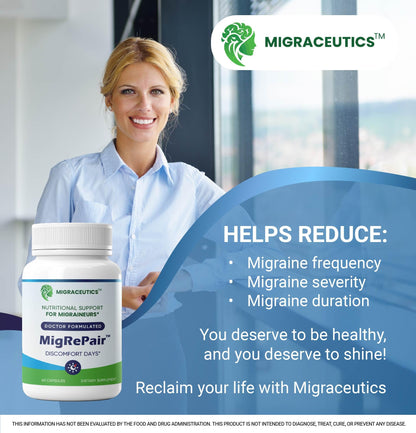 MigRePair | Doctor Formulated Natural Herbal Supplement for Migraine Relief Needs | Supports Relief During Migraine Discomfort (Ictal Phase) MigraceuticsBuy Supplements Australia