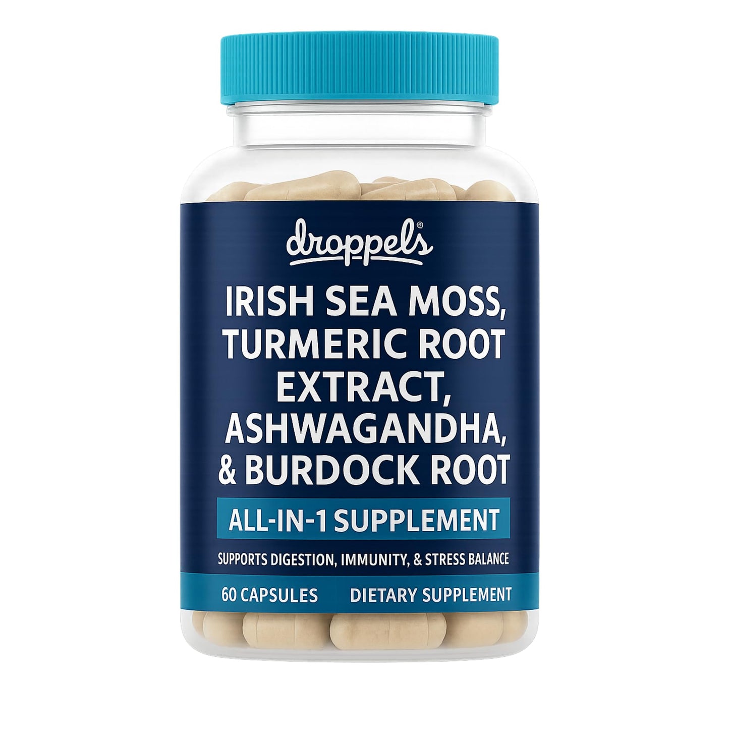 Supplement bottle with blue cap and label on a white background