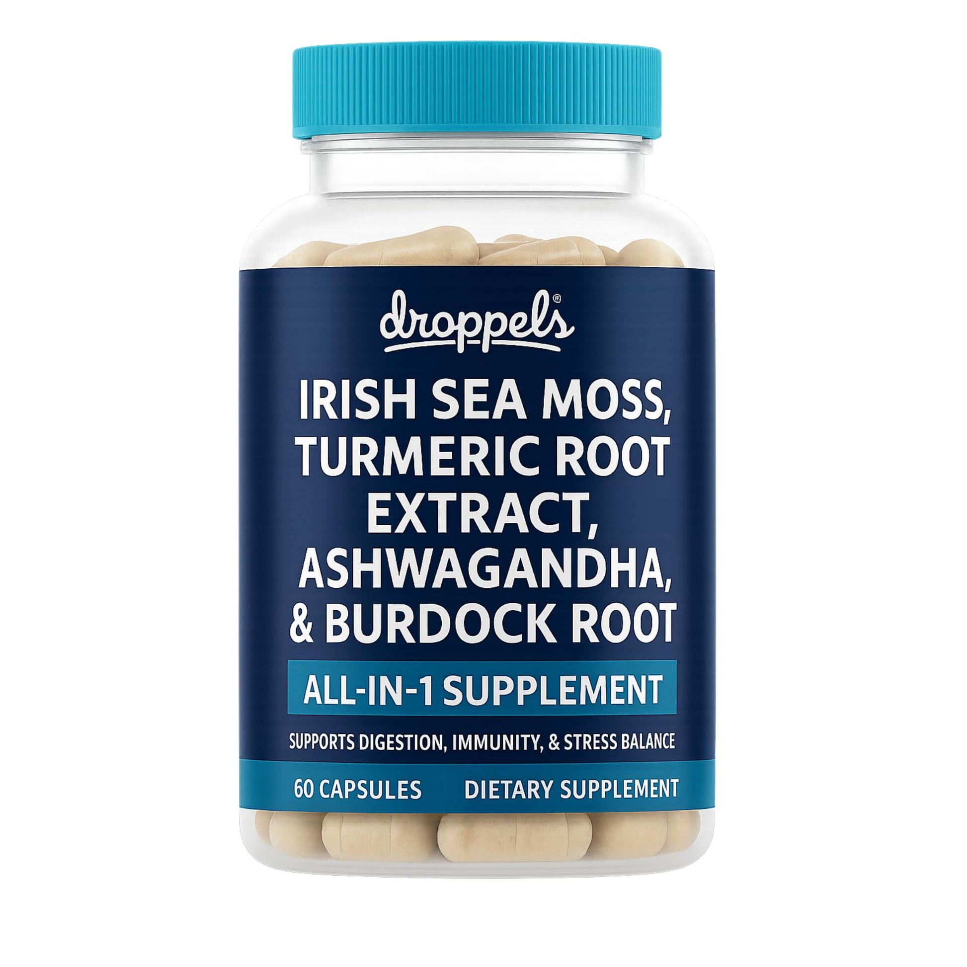 Supplement bottle with blue cap and label on a white background