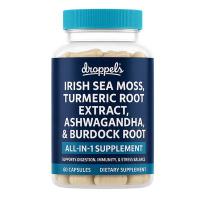 Supplement bottle with blue cap and label on a white background