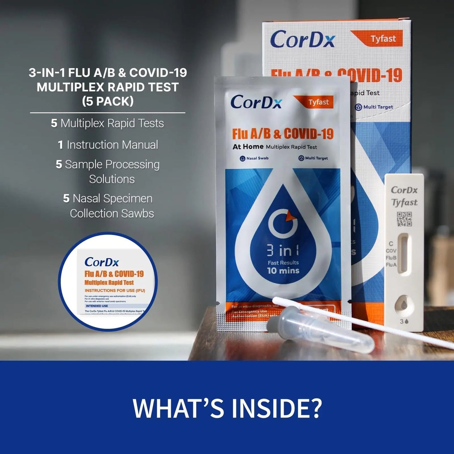 CorDx TyFast at Home Flu A/B & COVID-19 Multiplex Rapid Test Kit, Easy, Accurate, Fast Results in 10 Minutes, 3 in 1 Combo Kit, 5 Tests CorDxBuy Supplements Australia