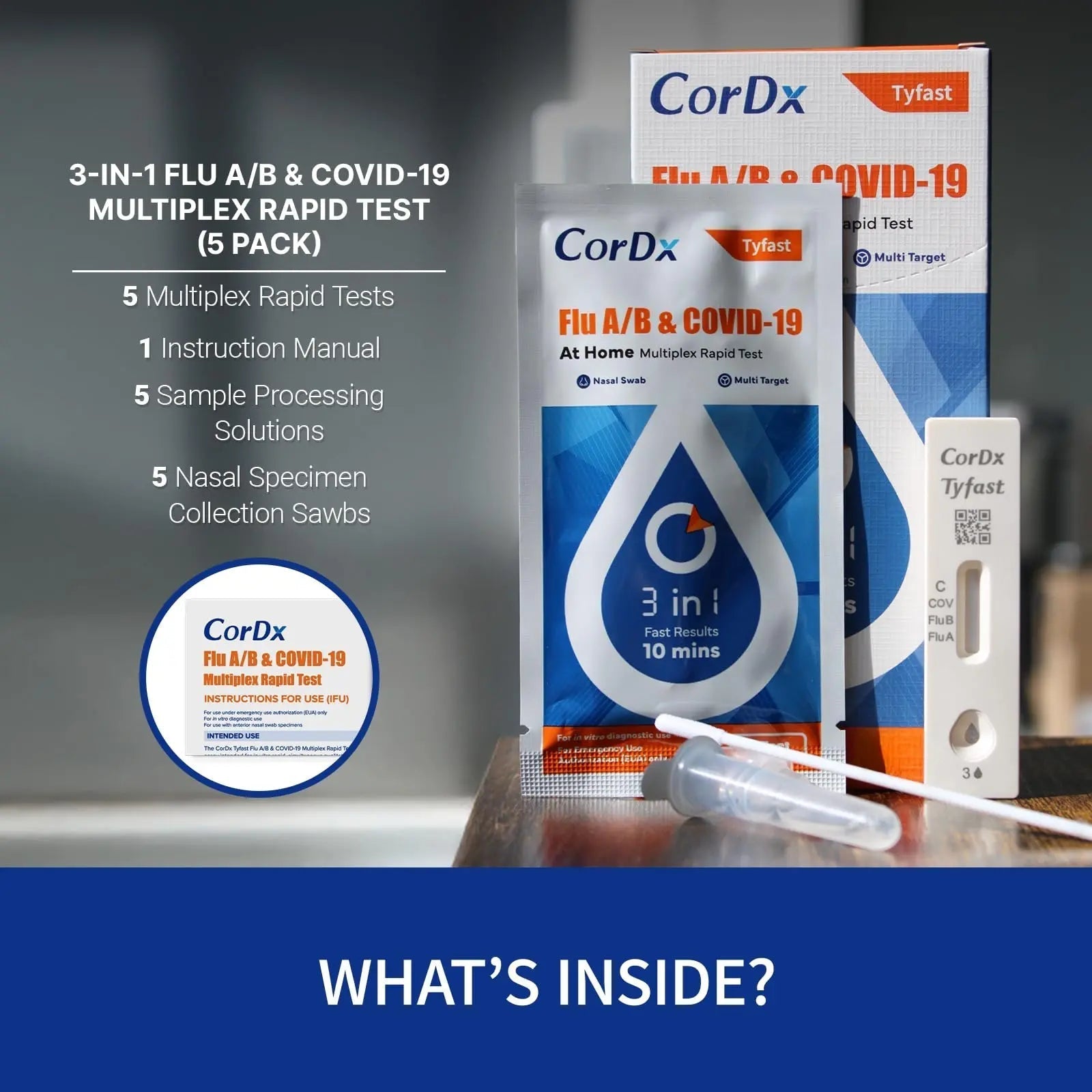 CorDx TyFast at Home Flu A/B & COVID-19 Multiplex Rapid Test Kit, Easy, Accurate, Fast Results in 10 Minutes, 3 in 1 Combo Kit, 5 Tests CorDxBuy Supplements Australia
