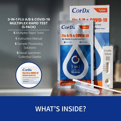 CorDx TyFast at Home Flu A/B & COVID-19 Multiplex Rapid Test Kit, Easy, Accurate, Fast Results in 10 Minutes, 3 in 1 Combo Kit, 5 Tests CorDxBuy Supplements Australia