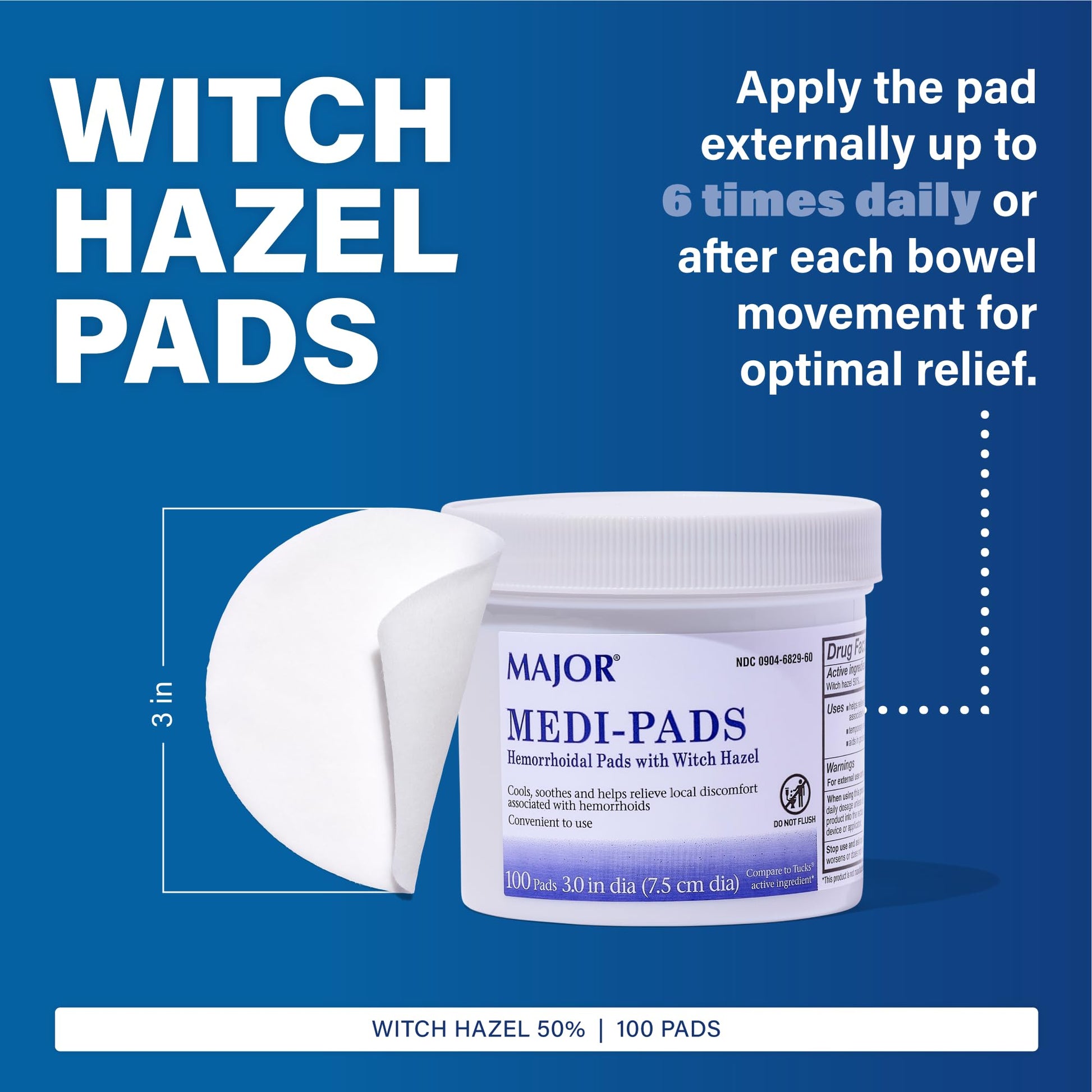 MAJOR Medi-Pads - Hemorrhoidal Hygienic Cleansing Witch Hazel Pads - Cooling Relief with Aloe - 100 Count Jar (1 Pack) MAJORBuy Supplements Australia