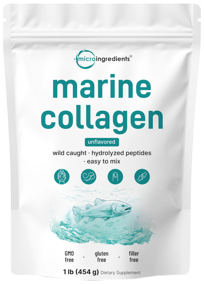 Micro Ingredients Marine Collagen Peptides Powder, 1 lb | Type I Marine Collagen + Natural Protein | Wild-Caught Fish Source