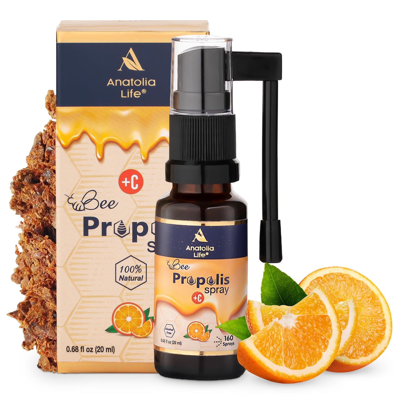 Anatolia Life Bee Propolis spray with packaging, honeycomb, and oranges on a white background
