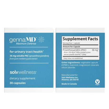 Solv Wellness GennaMD - Maximum UTI Defense - 36 mg Soluble PAC from 100% Cranberry Juice Extract - Highest PAC Concentration in a Small, Easy-to-Swallow Capsule - 30 Capsules Solv WellnessBuy Supplements Australia