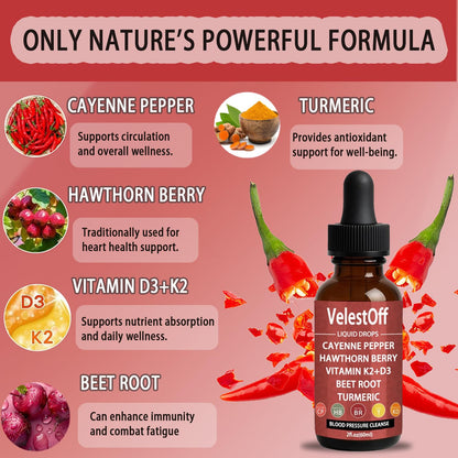 Velestoff Cayenne Pepper & Cayenne Pepper Drops Liquid Supplement with Hawthorn, Beet Root, Turmeric, Vitamin K2 D3 NutralisBuy Supplements Australia