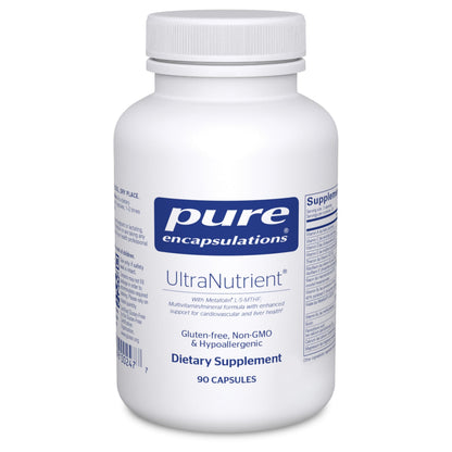 White supplement bottle labeled 'pure encapsulations UltraNutrient' on a white background
