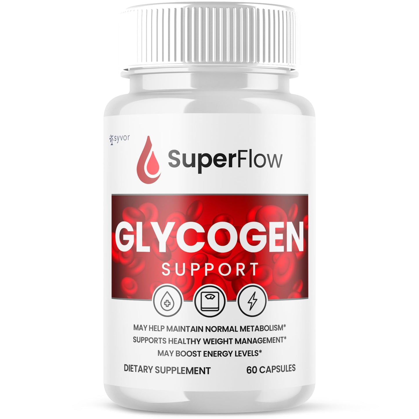Supplement bottle labeled 'SuperFlow Glycogen Support' on a white background