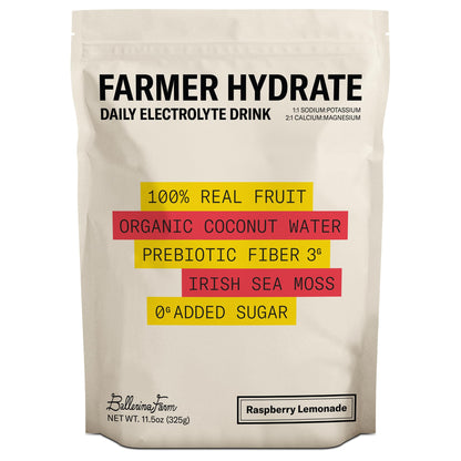Ballerina Farm Farmer Hydrate, Daily Electrolytes Powder, Raspberry Lemonade, Hydration Drink Mix with Organic Coconut Water, Irish Sea Moss, Sea Salt, Prebiotic Fiber, No Added Sugar, 25 Servings