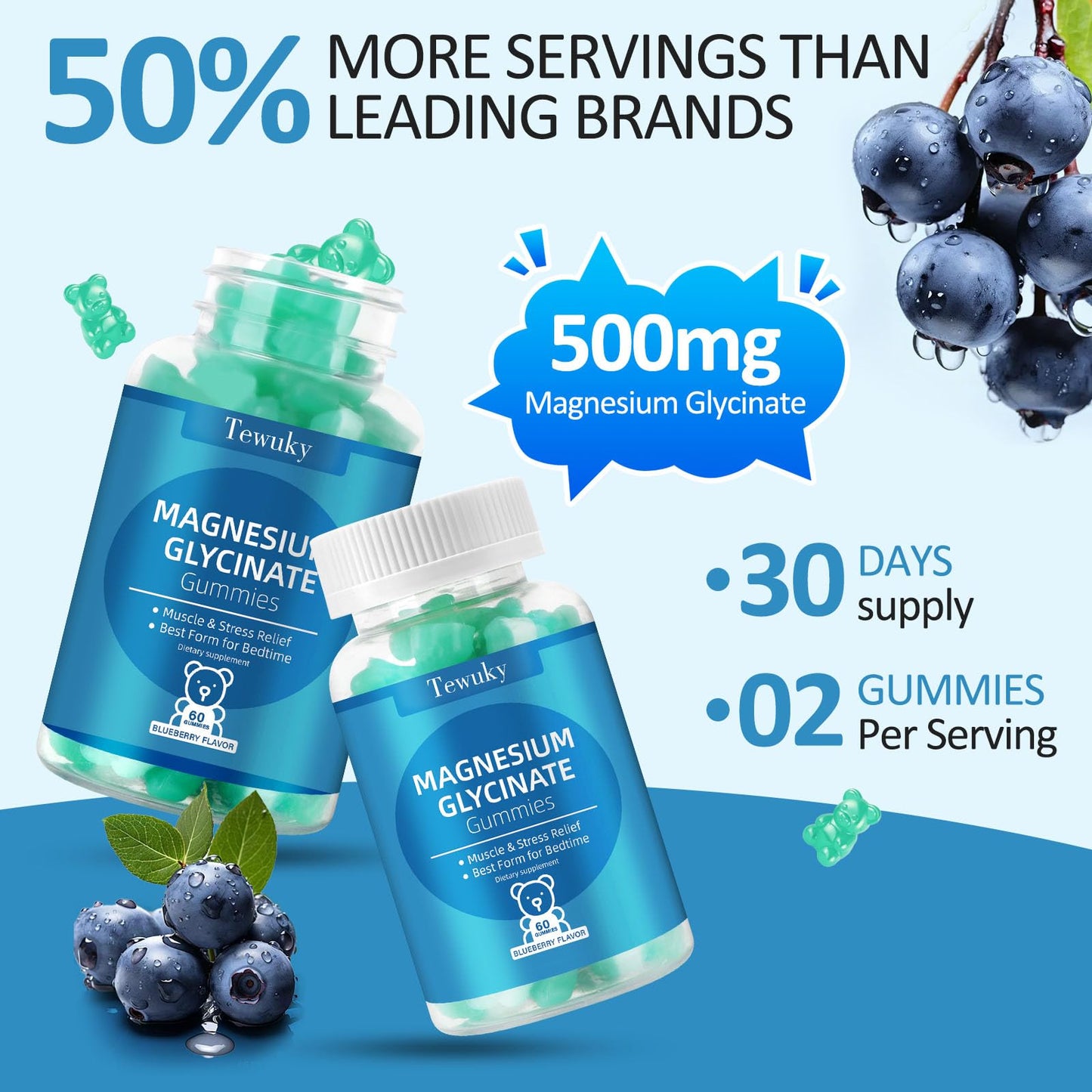 Magnesium Glycinate Gummies 500mg, Sugar-Free for Adults & Kids, Magnesium Gummies for Sleep, Stress & Muscle Relief, Supports Bone & Nerve Health, Vegan, Pectin-Based, 60 Count, Blueberry Flavor TewukyBuy Supplements Australia