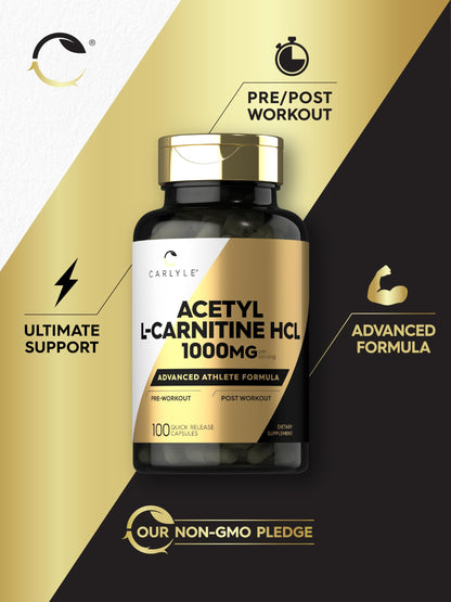 Carlyle Acetyl L-Carnitine HCL | 1000mg | 100 Capsules | Advanced Athlete Formula | Pre-Workout Supplement | Non-GMO & Gluten Free