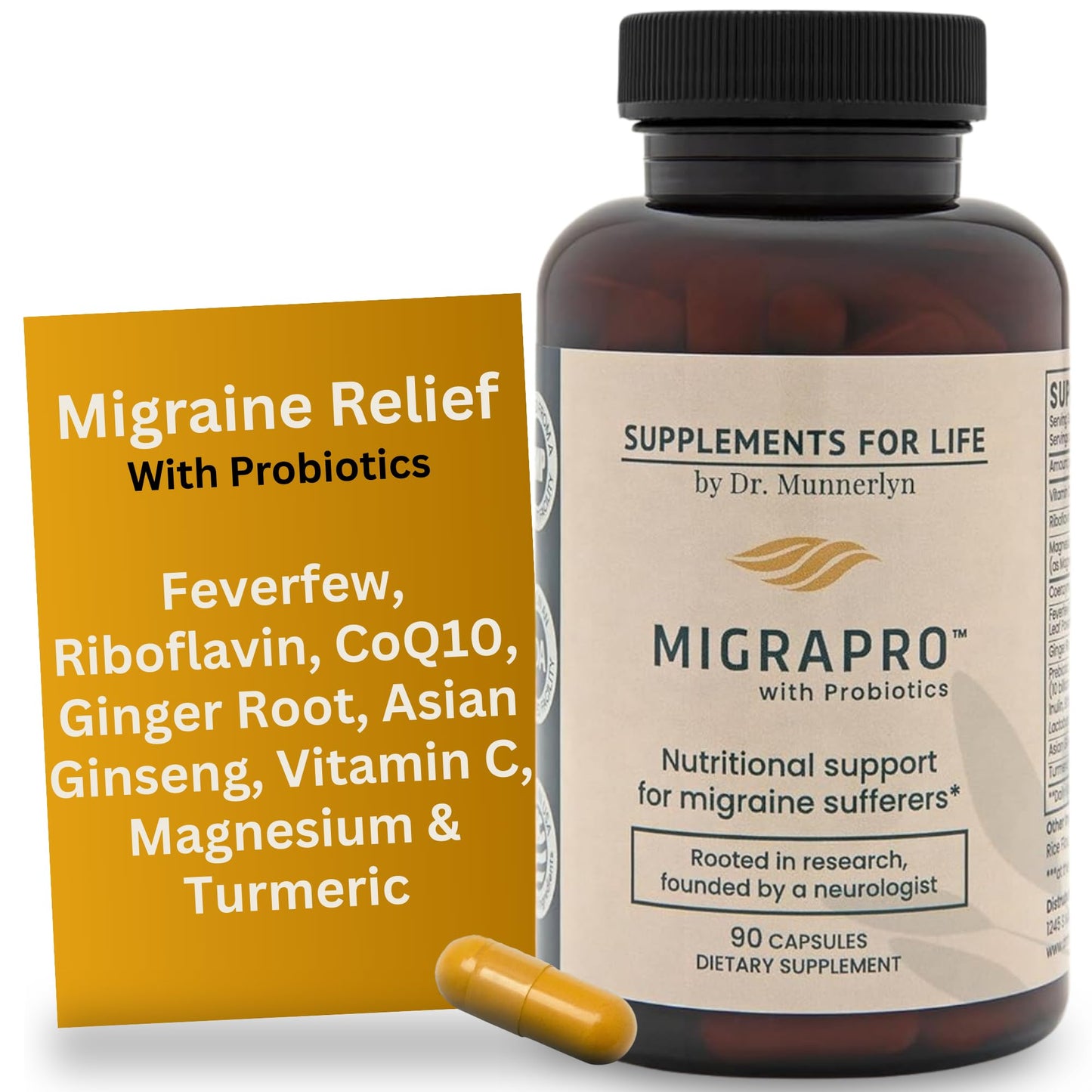Supplement bottle labeled 'Migrapro' with a yellow leaflet on a white background