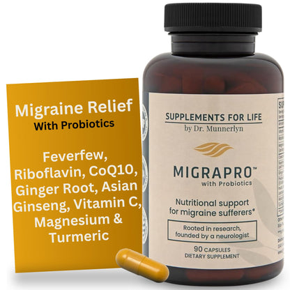 Supplement bottle labeled 'Migrapro' with a yellow leaflet on a white background