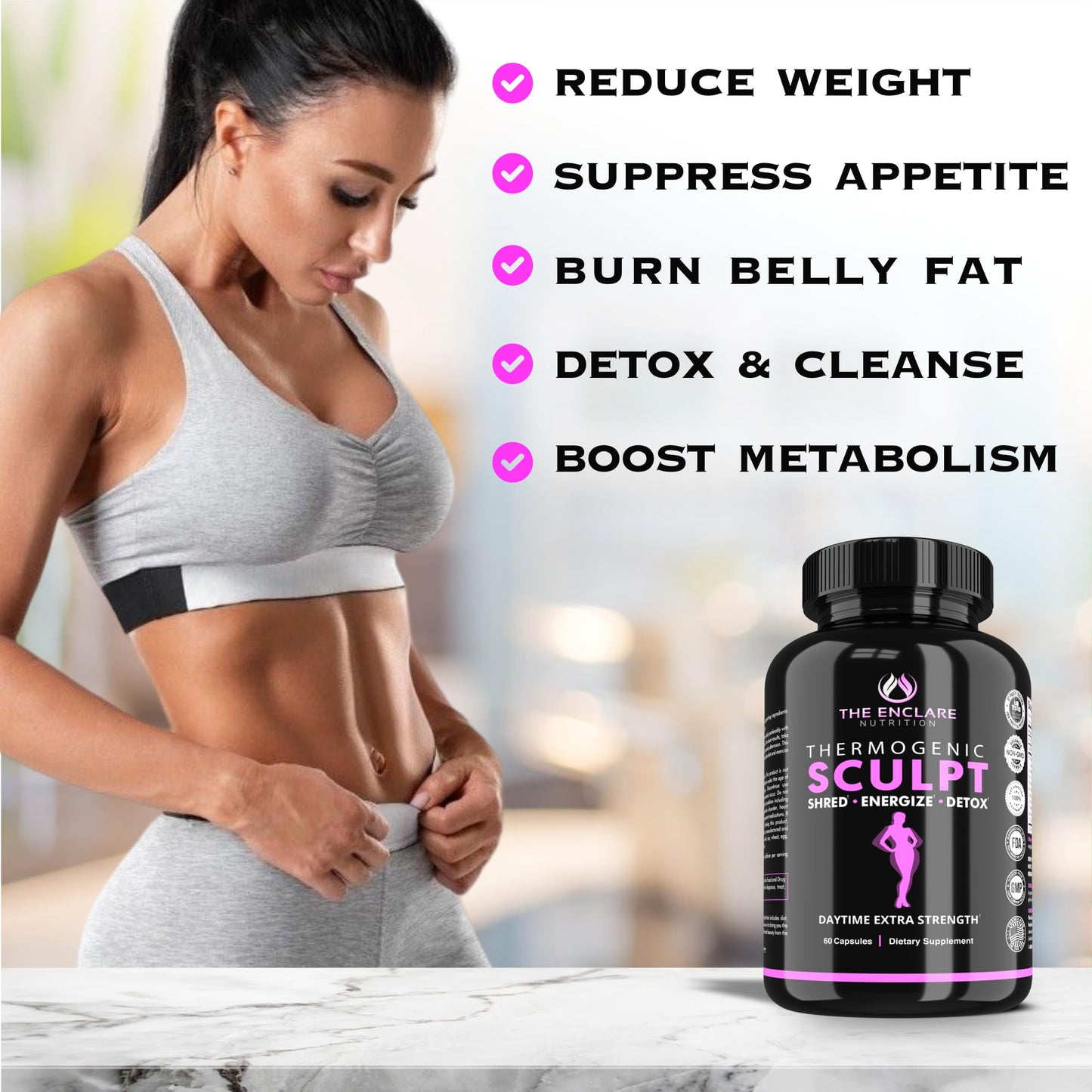 Thermogenic  Appetite Suppressant,  Supplement for Women & Men, Metabolism, Energy, Focus, Brain, Caffeine Pills with Chromium, Green Tea Extract, L Theanine, Sculpt 60 Capsules