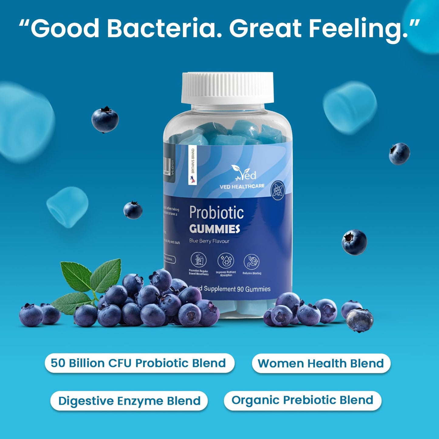 Vegan Probiotic Gummies with Prebiotics, Blueberry Flavour, 2 Gummies Daily (90 Count), 45 Days Supply, Non-GMO, Gluten Free,