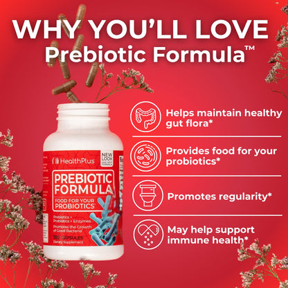 Health Plus Prebiotic Formula - Probiotics + Prebiotics + Digestive Enzymes - Gluten Free, Dairy Free, Natural Herbal Ingredients