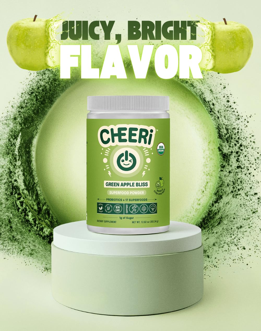Cheerific Crisp Apple Greens Superfood Powder - 20+ Organic Superfoods + Prebiotic & Probiotics + More - Keto Friendly - Supports Positive Mood, Gut Health - Vegan, Gluten Free, Non-GMO - 30 Day Cheerific buy supplements Au