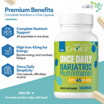 Bariatric Choice Once-Daily Bariatric Multivitamin with 45 mg of Iron | Easy to Swallow Capsule | Vitamin for Bariatric Surgery Patients