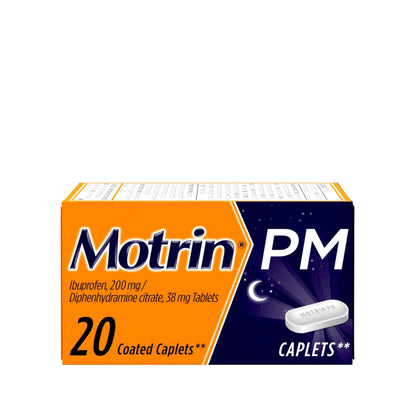 Motrin PM Pain Relief Caplets with 200 mg Ibuprofen & 38 mg Diphenhydramine Sleep Aid, Nighttime Pain Reliever for Minor Aches & Pains Helps You Fall Asleep & Stay Asleep, 20 ct MotrinBuy Supplements Australia
