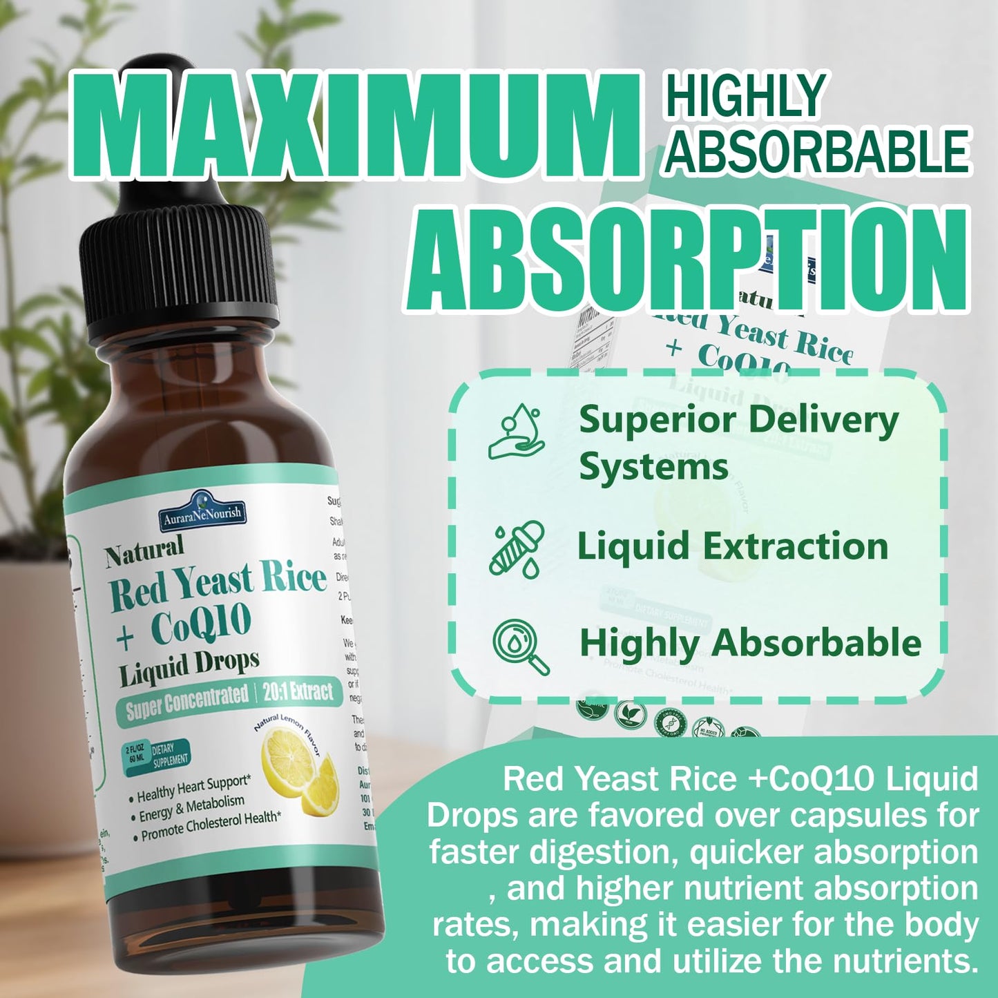 Liposomal Red Yeast Rice with Coq10 Liquid Drops, 5-in-1 Extra Strength 1200mg Cholesterol & Heart Support w. Citrus Bergamot Alpha Lipoic Acid | Cholesterol Lowering Supplement | GMO & Citrinin Free AuraraNeNourishBuy Supplements Australia